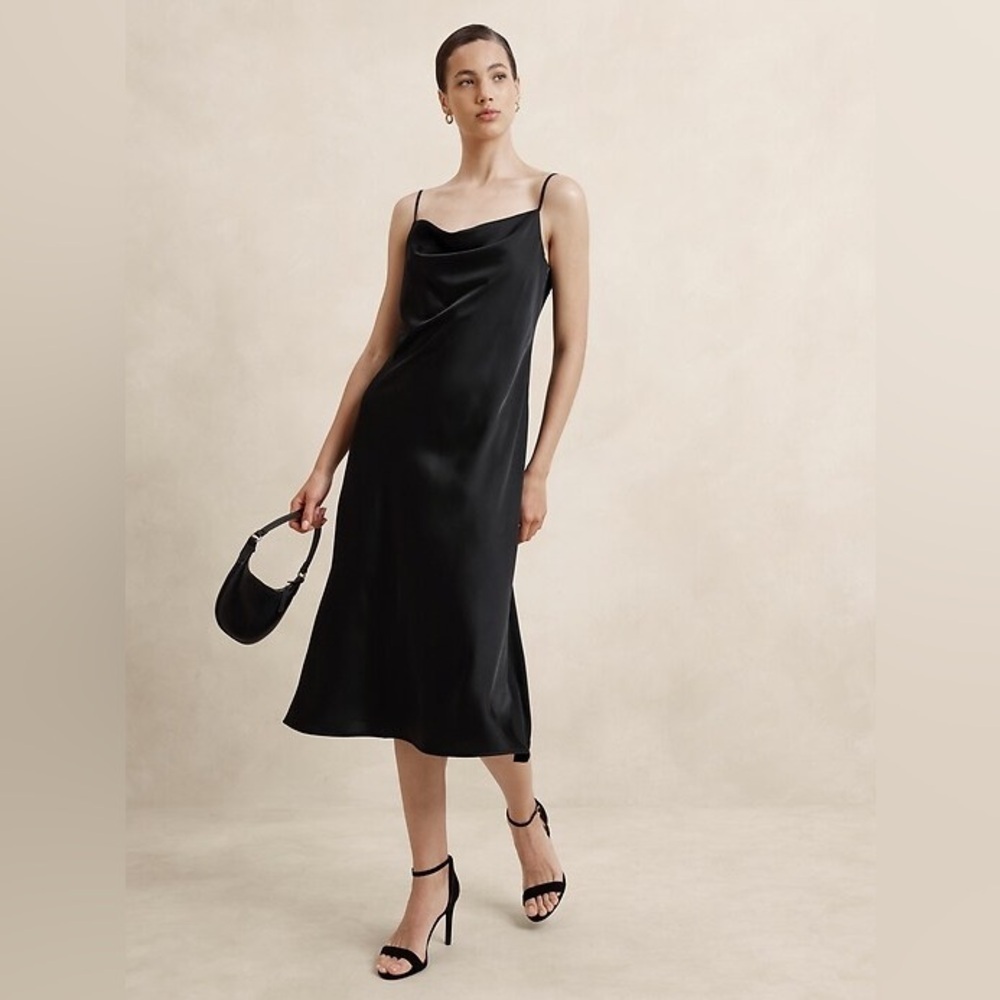 Banana Republic Black Satin Slip Midi Dress Cowl Neck Bias Cut NWT XS Elegant